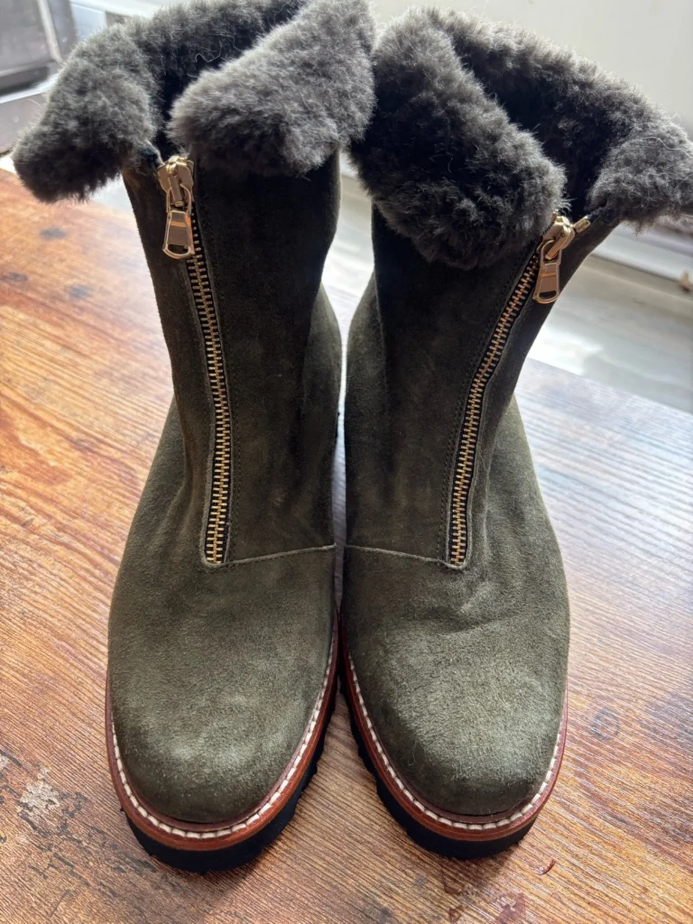 Women's Olive Suede Zip-Front Fur-Trim Ankle Boots - Picture 2 of 7